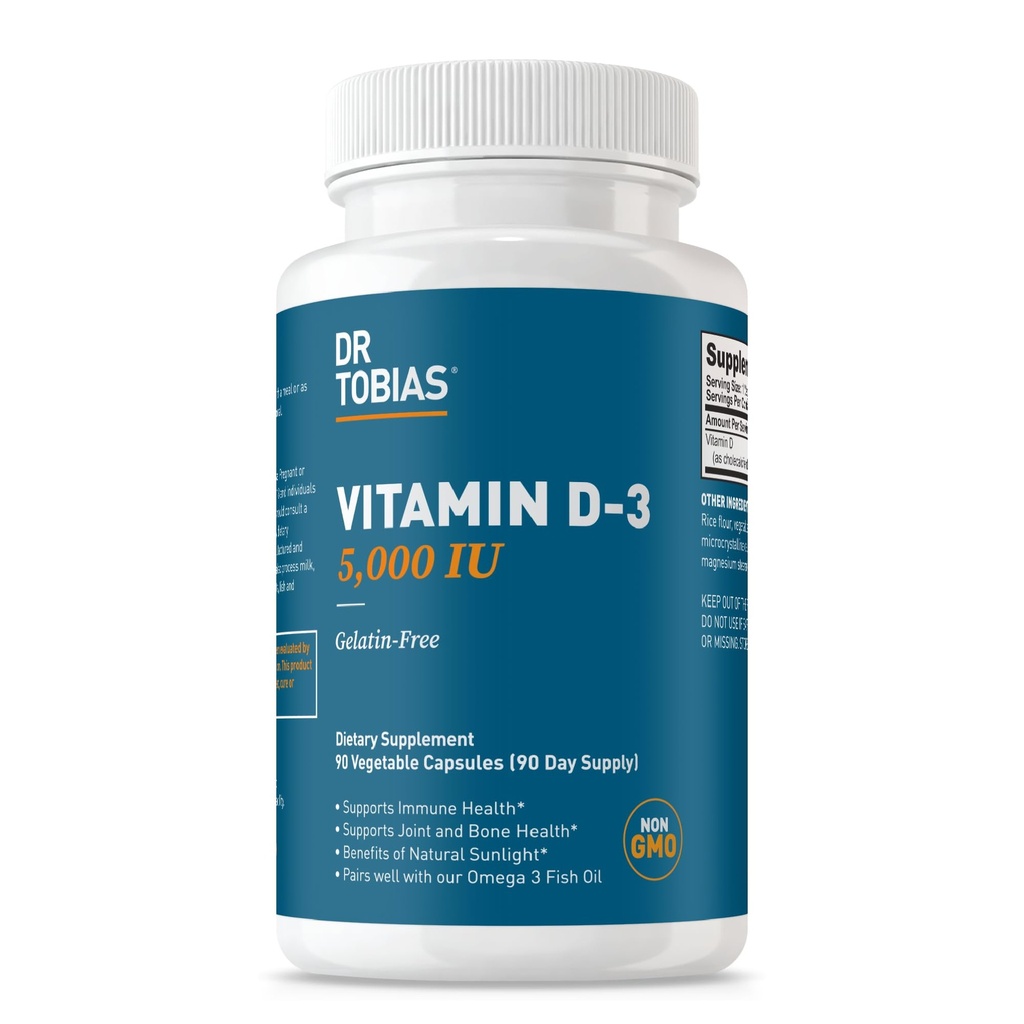 Dr. Tobias Vitamina D3 5000 UI, esentiala pentru oase sanatoase, dinti si sistem imunitar, supliment suplimentar de rezistenta vitamina D, non-GMO, 90 capsule, 90 Serviri