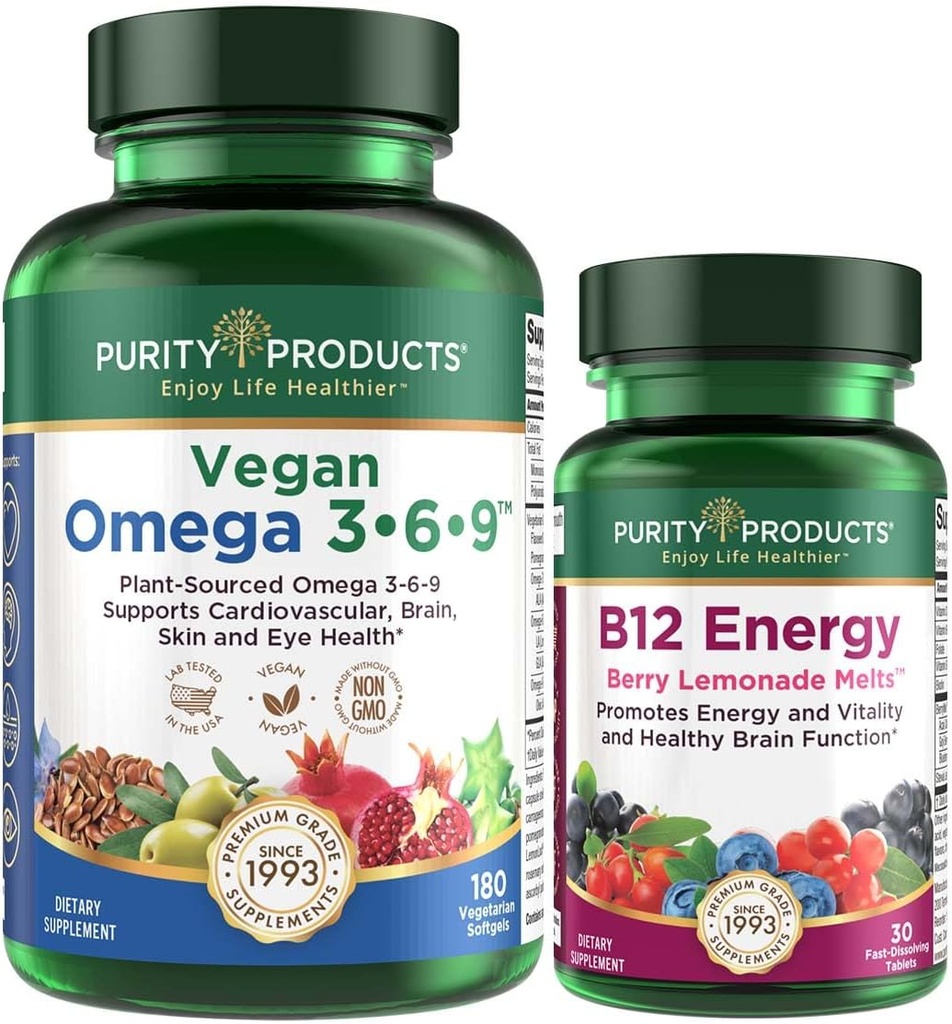 Produse de puritate Bundle - Vegan Omega 3-6-9 (180 ct) + B-12 Energie Melt Omega 3-6-9 (