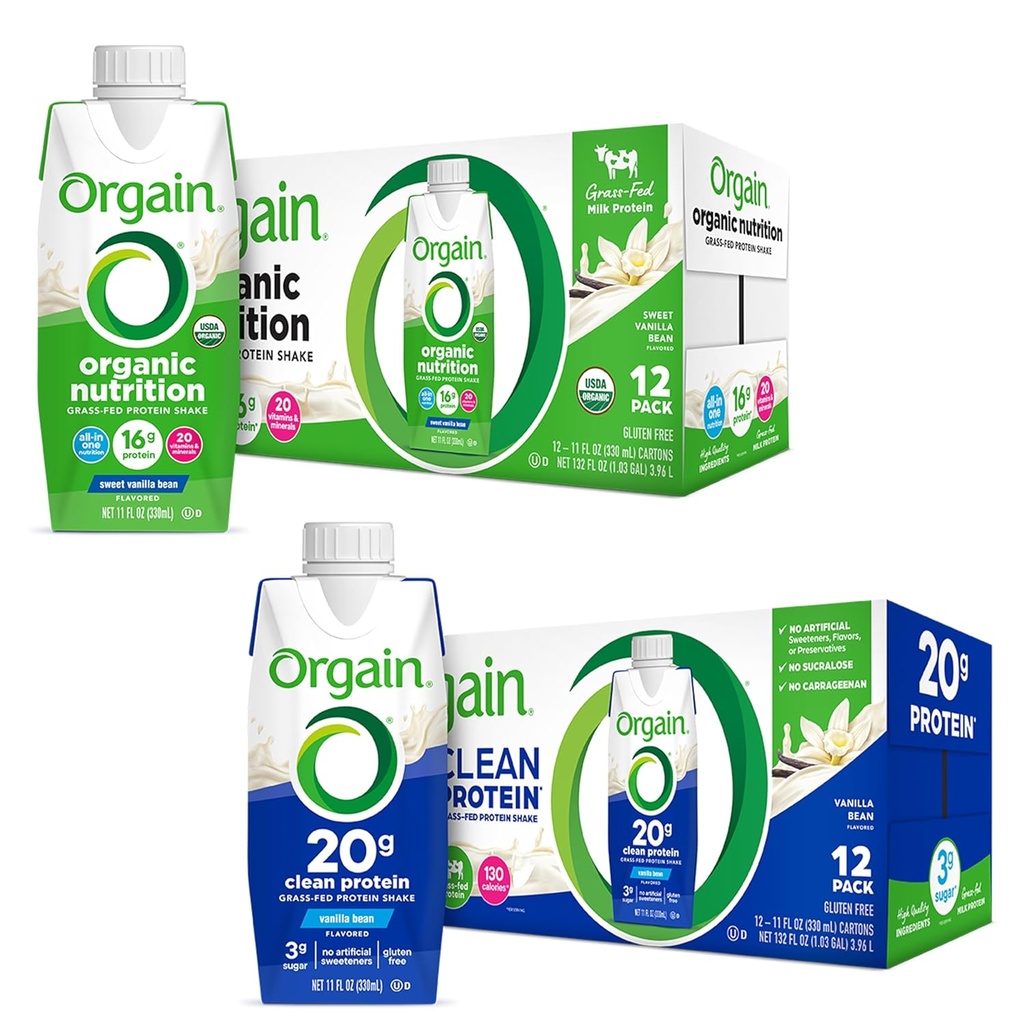 Proteine orgain Shakes Bundle - iarbă Fed Whey și proteine din lapte, vanilie aromat (12 ambalaj)