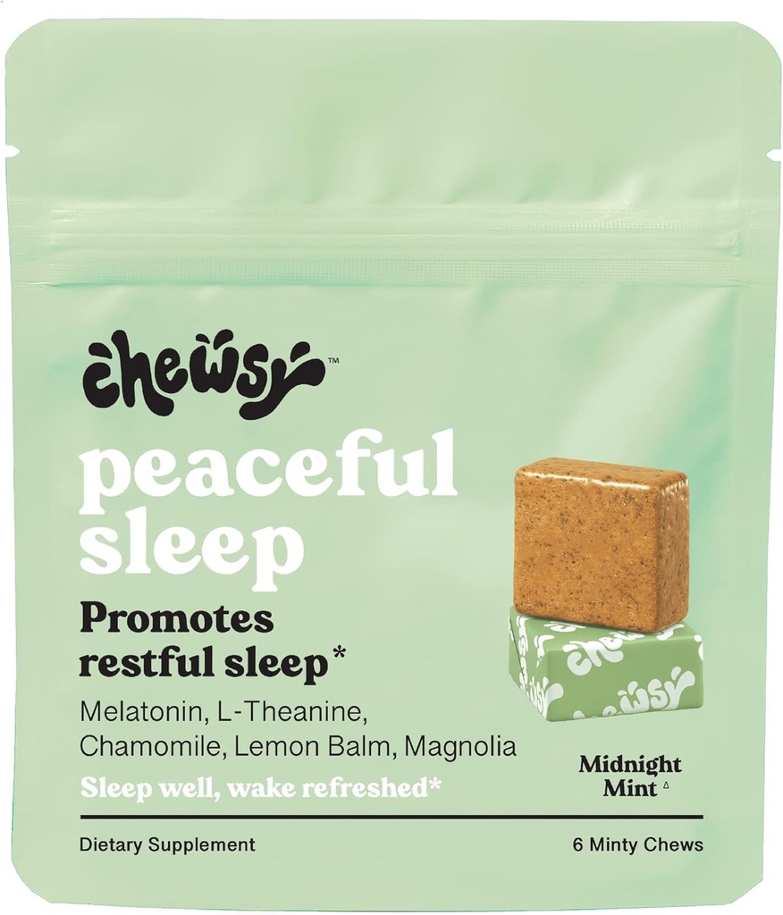 Chews somn liniștit, Sleep Support, 3 mg Melatonina, 200 MGS L-Theanin, Chamomile, Lemon Balm, Magnolia, Nighttime Sleep Aid, Natural Minty Chews, Promovează somn odihnitor, 6-Day Supply (1)