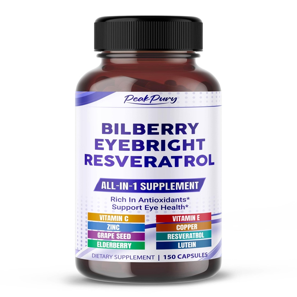 All-in-1 Bilberry Eyebright Astaxanthin Elderberry Resveratrol Supliment - bogat în antioxidanți și susține sănătatea ochilor - Made in The USA -150 Capsule