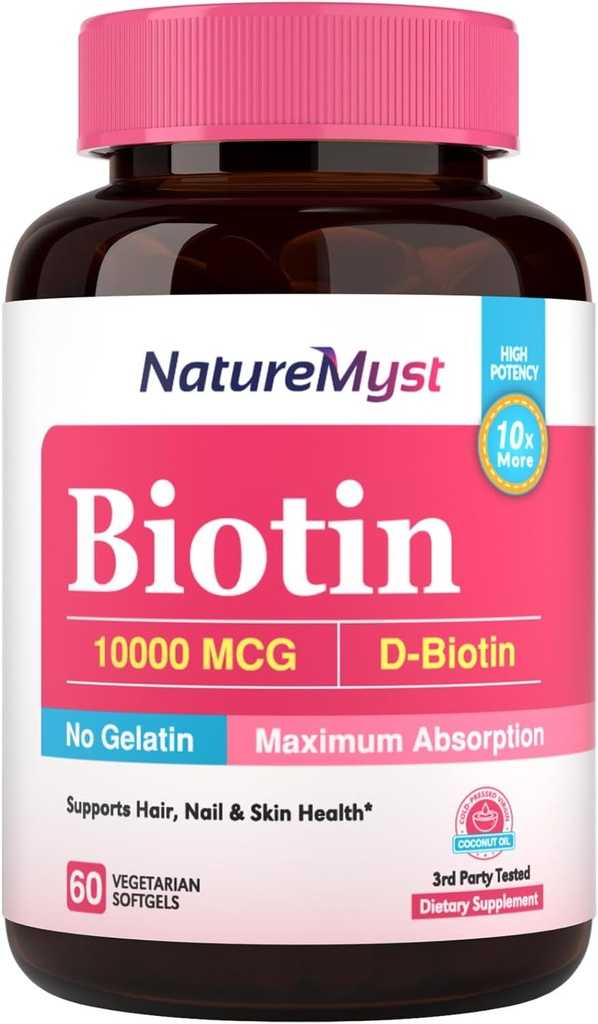 Biotin 10000 mcg, mare potenta, biologic activ, ulei de cocos presat la rece pentru absorbtie maxima, fara gelatina, par, unghii, piele, 60 Vegetarian Softgels