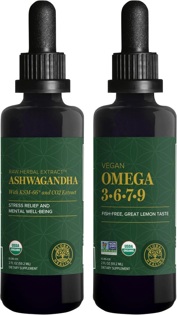 Global Healing Center Ashwagandha & Omega 3 6 7 9 Kit - Ajuta cu Nervos, Brain Health, Heart Health, and Eye Health