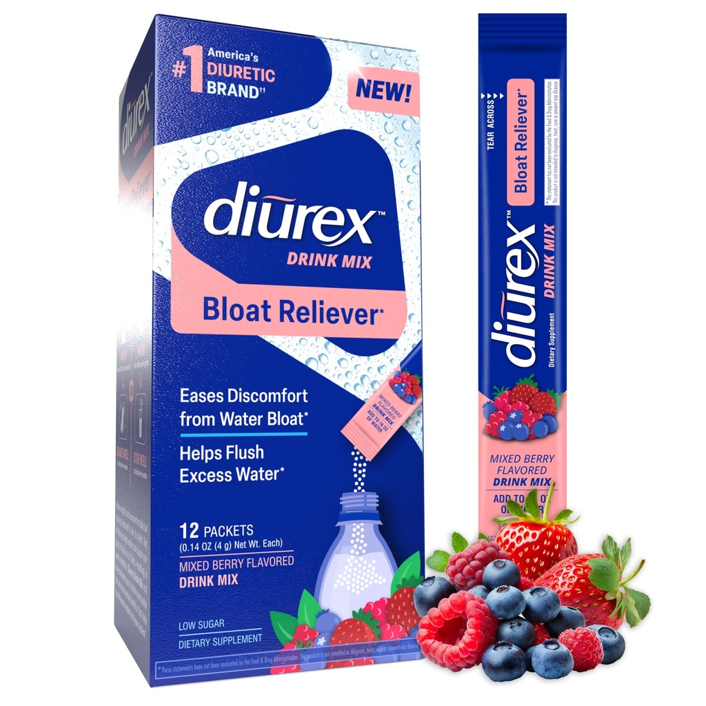 Diurex Drink Mix - Diuretic Supplement - Amestec de aroma de berry - Bloat Relief with Diurex Poorty Bloat-Relieving Blend - Single Serve - 12 Pack