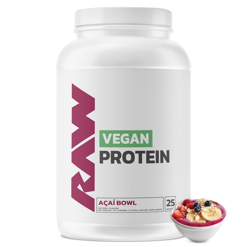 RAW Vegan Praf de proteine, Acai Bowl - 20g de plante pe bază de praf de proteine și fortificate cu vitamine pentru creșterea și recuperarea musculare - Fat scăzut, carbohidrat scăzut, aroma natural și îndulcit - 25 Serviri