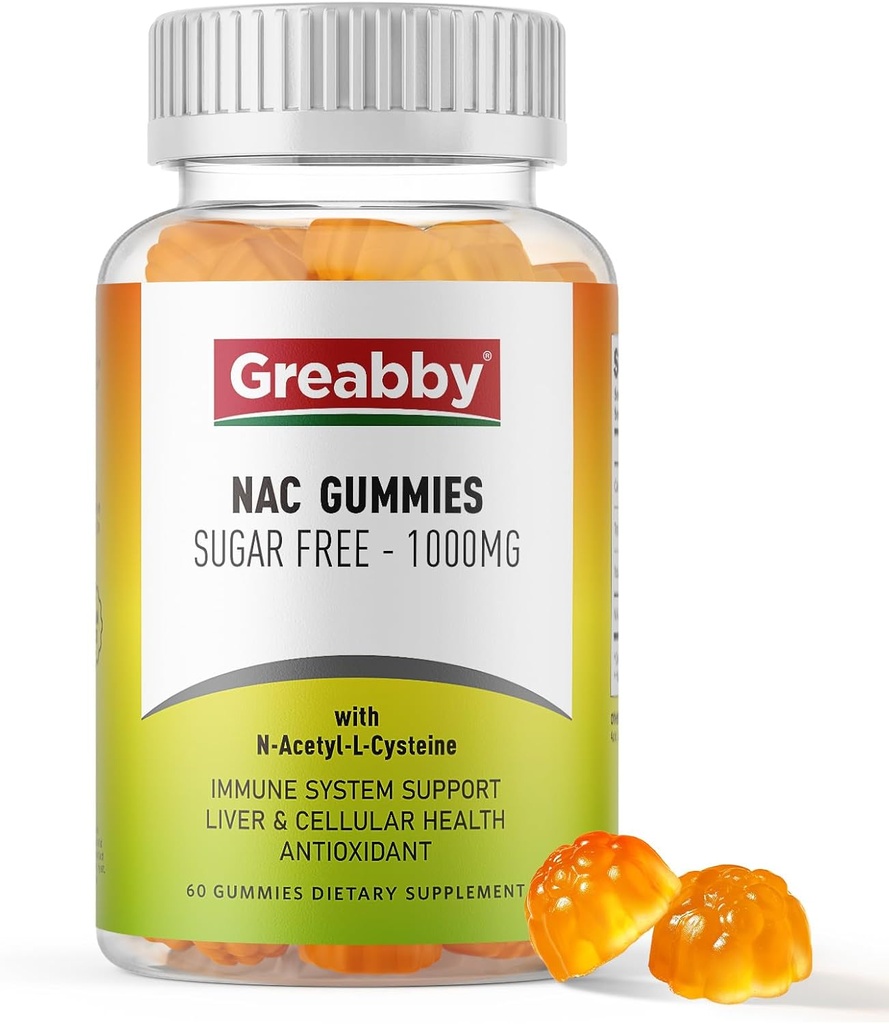 NAC Gummies Sugar Free, N Acetil Cysteine NAC Supliment 1000mg pentru antioxidanti, Lung & Ficat Health, Immune Support, Vegan Orange Flavor,60ct