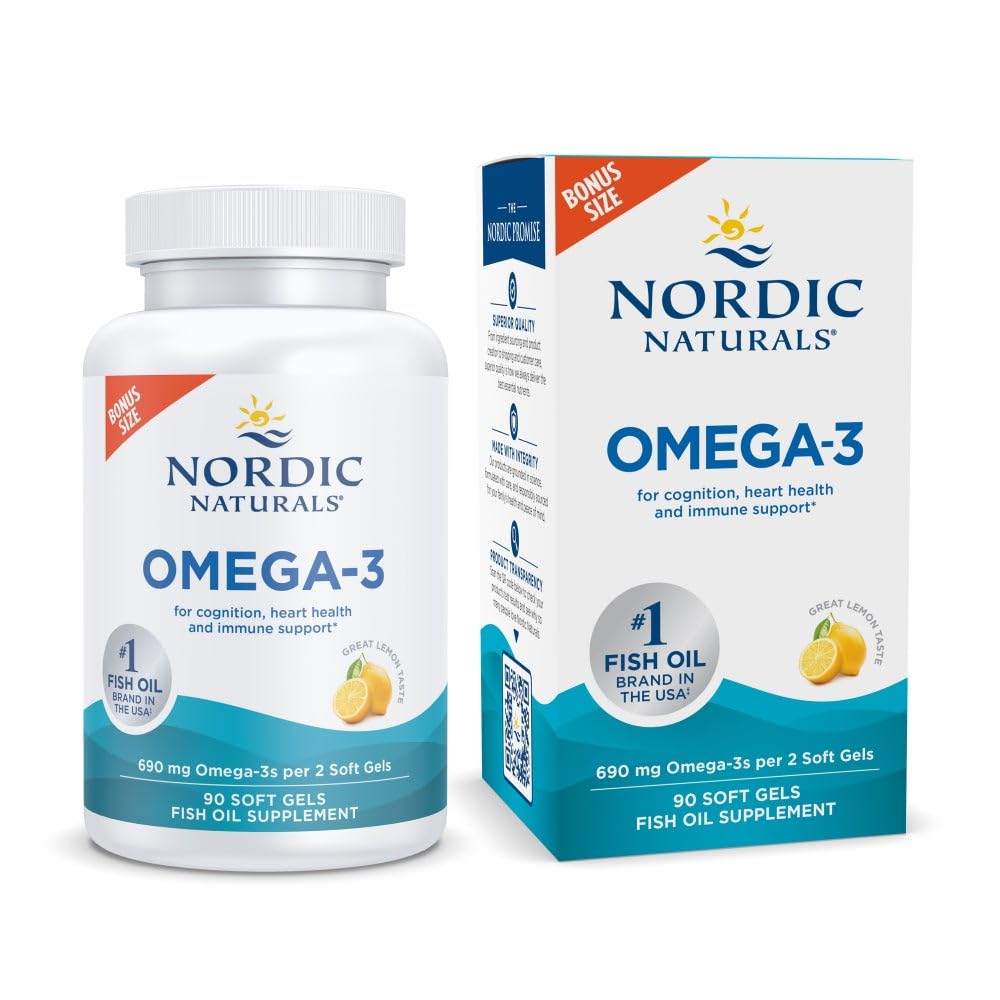 Nordic Naturals Omega-3, Lemon Flavor - 90 Gels moi - 690 mg Omega-3 - Ulei de pește - EPA & DHA - Suport imun, Brain & Heart Health, Optimal Wellness - Non-GMO - 45 Servings