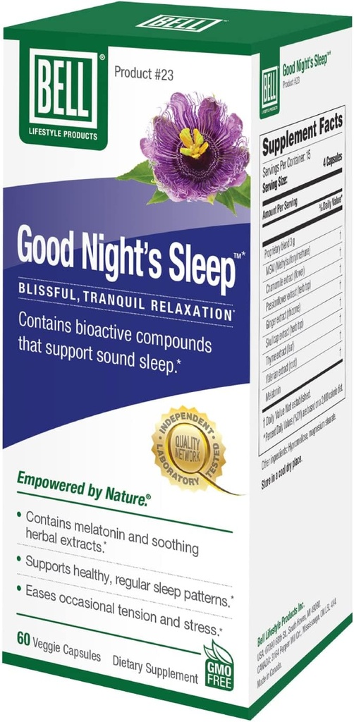 Bell Lifestyle Good Night's Sleep - Natural Sleep Support with Melatonin and Herbal Extras, Supports Relaxation & Sleep Models, 60 Veggie Capsules