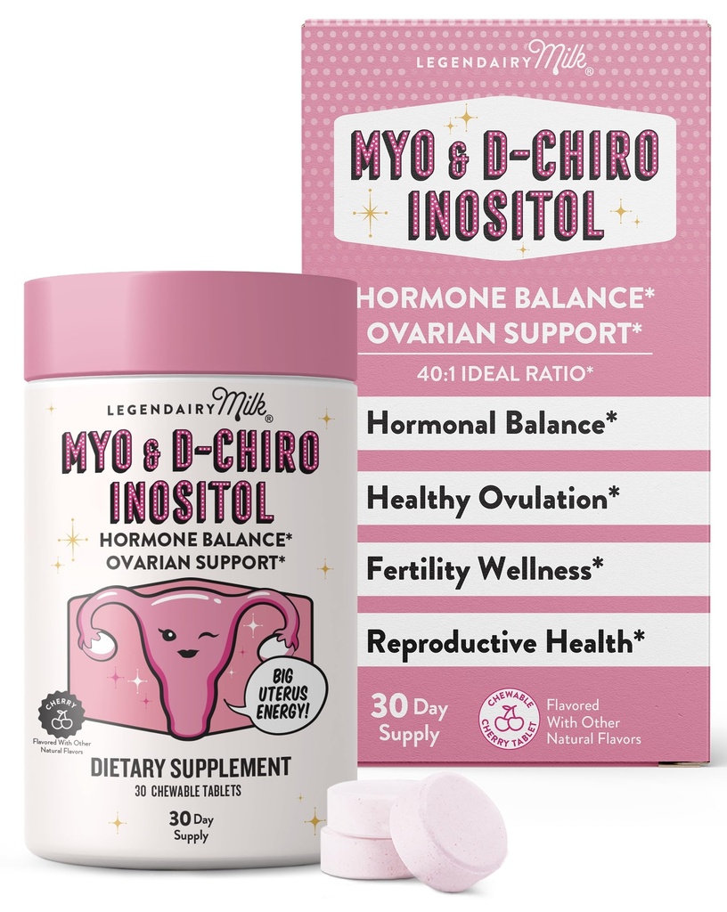 Legendairy Milk Pure Inozitol Tablete masticabile - Myo-Inositol & D-Chiro Supliment pentru suport de echilibru hormonal și fertilitate - Ideal 40:1 Raport - 30 zile de aprovizionare