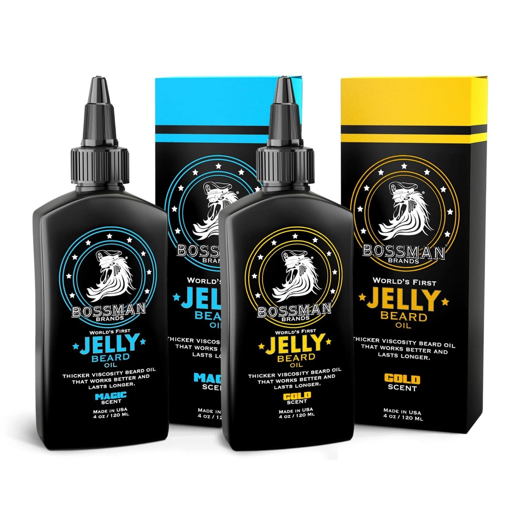 Bossman Barbă de ulei Jelly Kit (2 Scents) - Beard de creștere Softener, Moisturizer Loțiune Gel cu ingrediente naturale - Beard de creștere produs (Magic & Gold Scents)