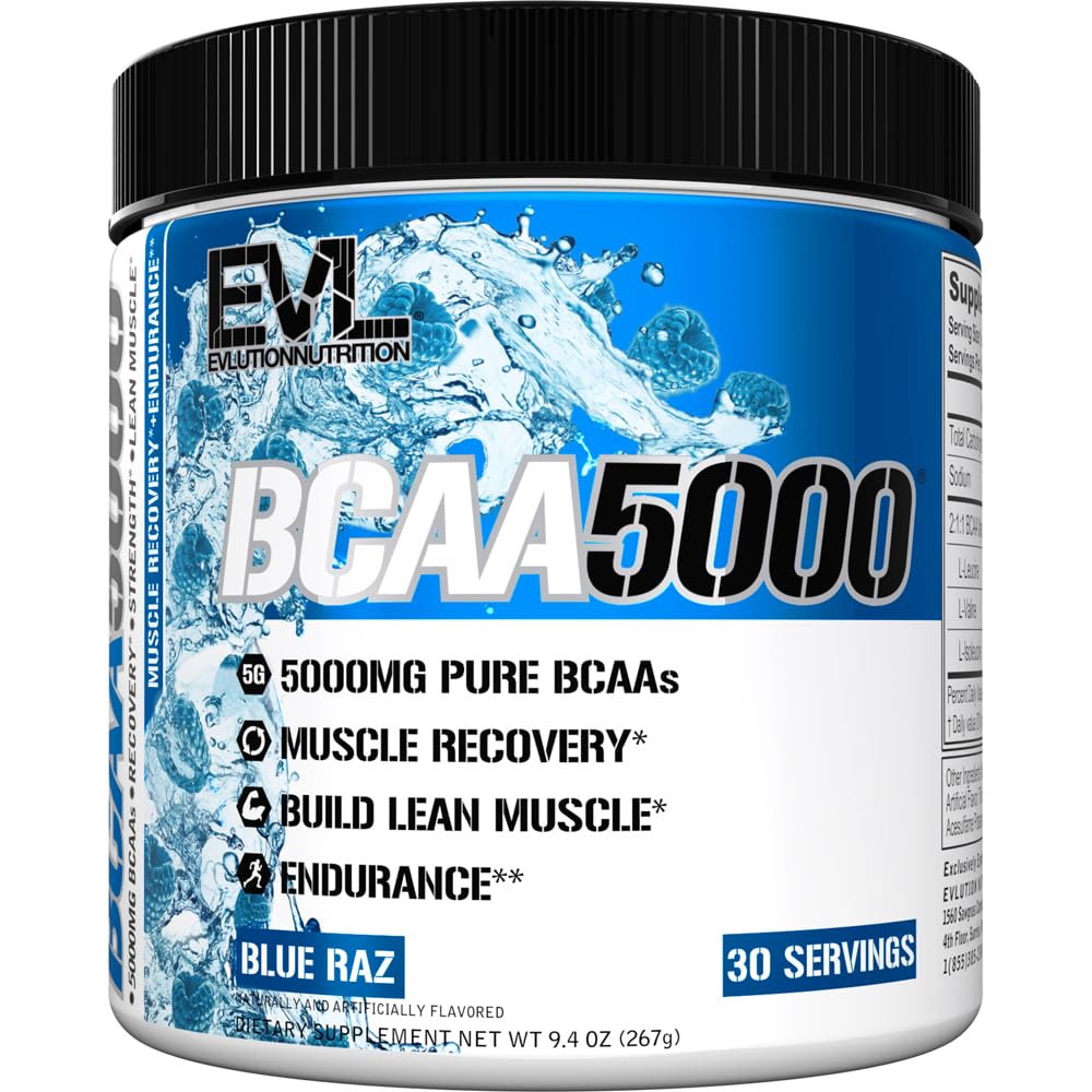 Evlution EVL BCAAs Aminoacids Powder - BCAA Powder Post Workout Recovery Drink and Stim Free Pre Workout Energy - 5g Ramking Chain Amino Acids Supplement for Men - Blue Raz