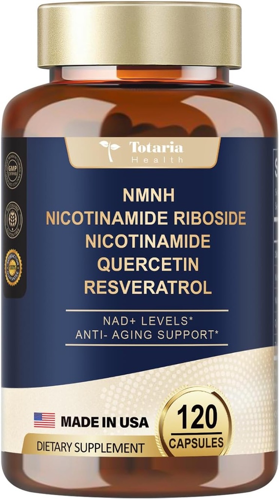 Totaria (1 ambalaj) NMNH (Dihidronicotinamidă Mononucleotidă) Supliment w/Niacinamidă (Vitamina B3), Trans-Resveratrol, pentru Anti-Aging, Energie, Focus