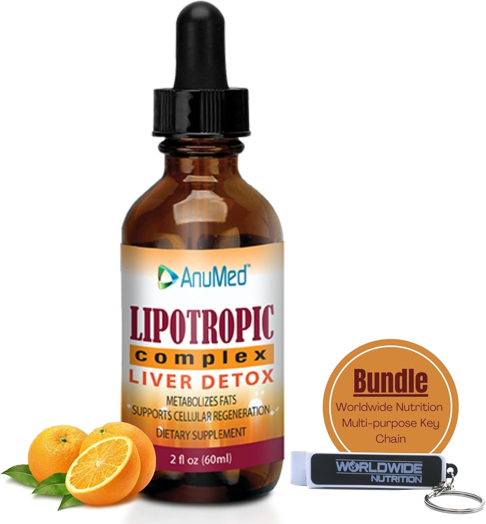 Nutritie globala Bundle: Complex Lipotropic Anumed - Acid folic, Vitamina B12, Vitamina B6 - Non OMG, Gluten gratuit, Ușor de utilizat Picături Lipotropice 2oz cu lanț cheie multi-purpose
