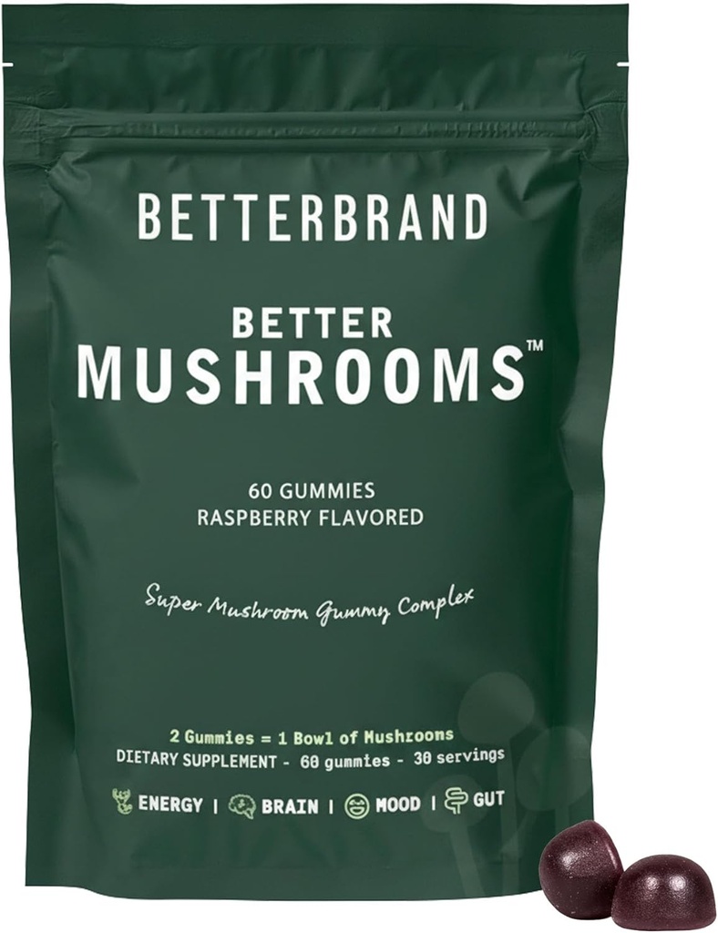 Betterbrand BetterMushrooms Nootrop Gumries - Sprijină o sănătate mai bună cu gust, funcţie cognitivă, Claritate mintală cu 10 Ciuperci Funcţionale - 60 Gume - Aroma de zmeură - Pachet de 1