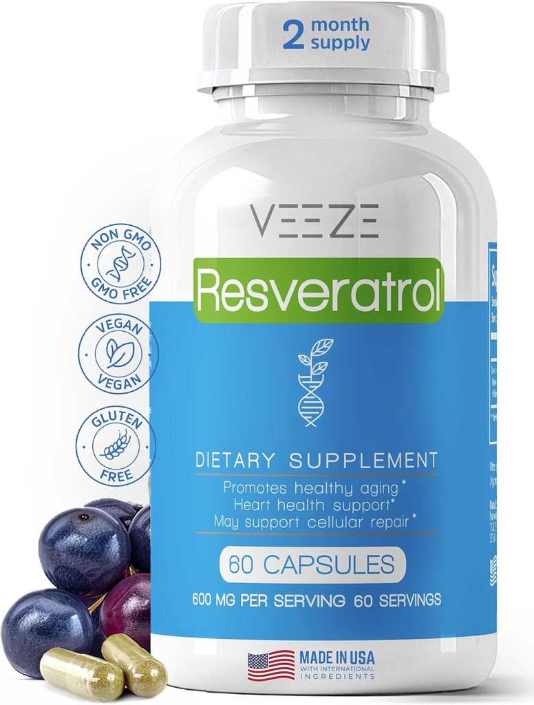 VEEZE Resveratrol Supliment 600mg 60 capsule & 60 Servings - Made in USA Resveratrol natural si organic - bogat in antioxidanti si trans Resveratrol pentru suport bine-fiind - Premium organic Resveratrol