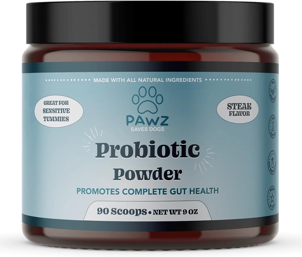 PawZ Powder Probiotic pentru câini - 90 Scoops Steak Flavor - Promoveaza sanatatea curajoasa si digestia - Probiotics Supplement Supplement Immune System & Skin and Coat Health - Potrivit pentru toate tipurile de câini