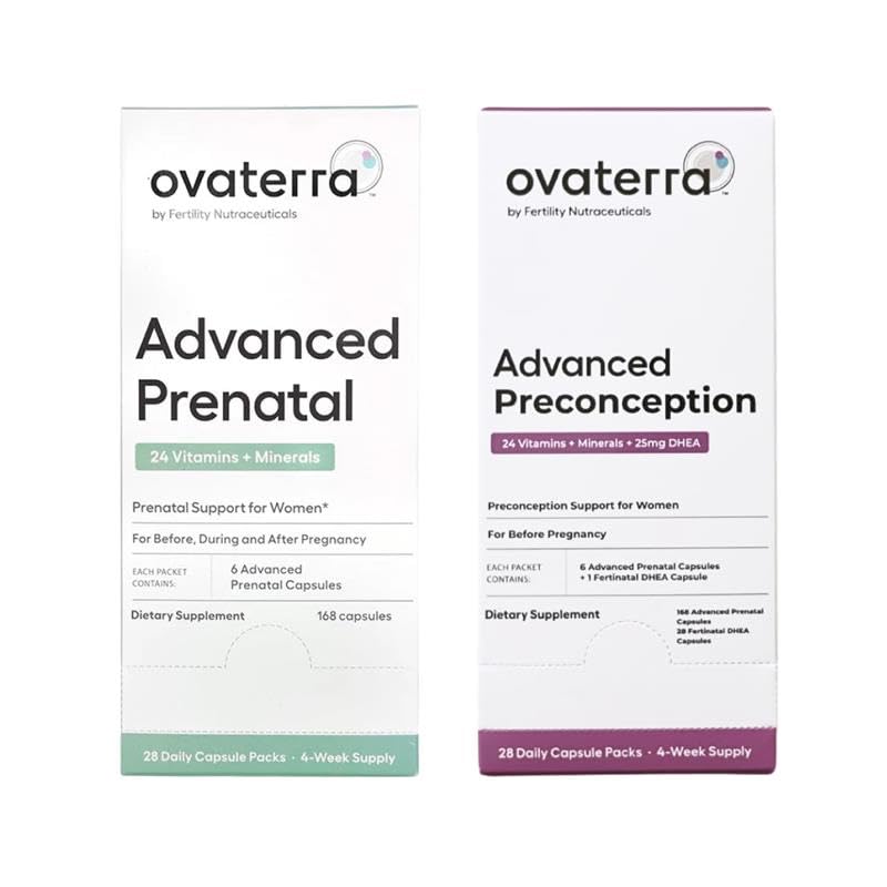 Ovaterra Advanced Prenatal & Preconception Multivitamine Bundle pentru femei cu DHEA 25mg, Choline 550 mg, Folat (Metilfolat) 1,010 mcg, Omega-3 DHA, EPA, capsule Chelate de fier 364 - 28 zile de aprovizionare