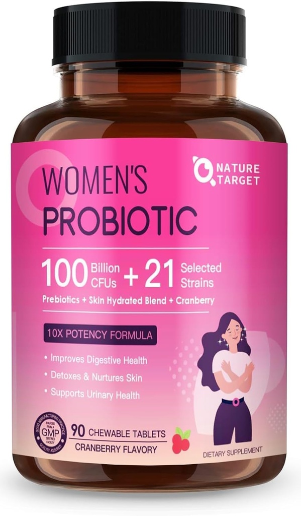 NATURĂ Probioticele pentru femei Digestive Sănătate cu 100 miliarde CFU, Femei Probiotice pentru Sănătate Gut & Suport Imun, Skin Care, cu Cranberry & D-mannose, 90 comprimate masticabile (45 zile de aprovizionare)