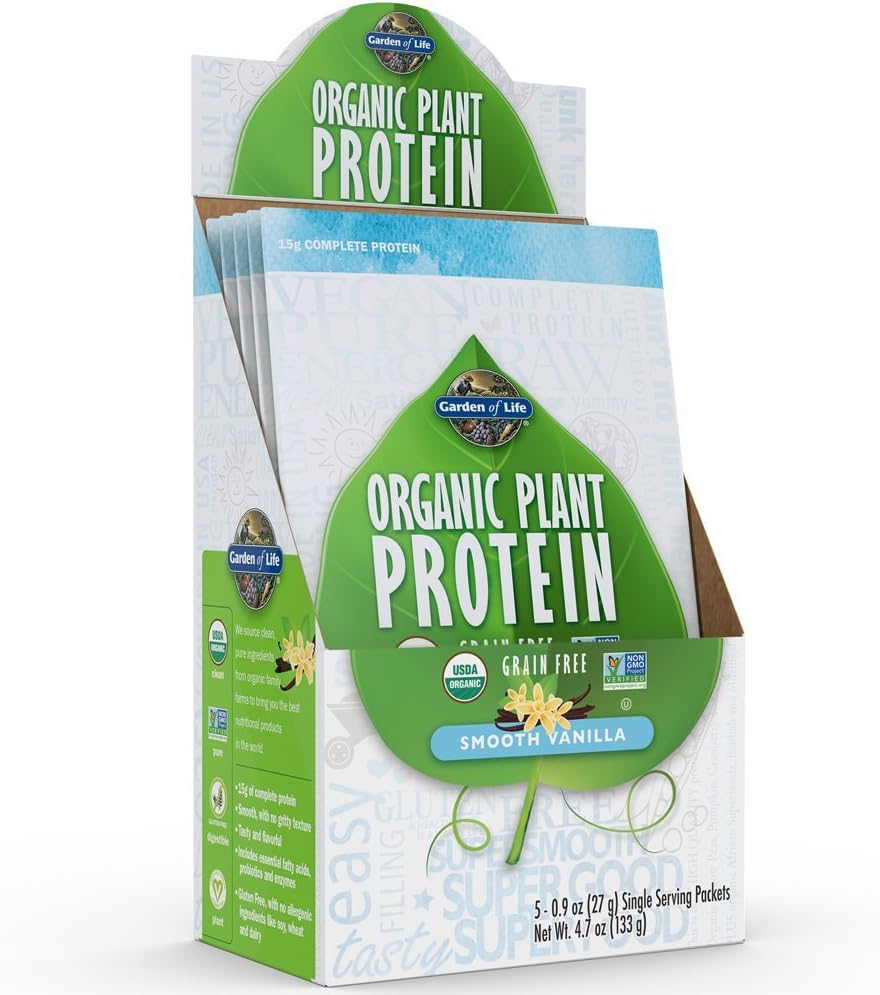 Garden of Life Organic Plant Protein Smooth Vanilla Powder - Pachete de unică servire (5-Pack) - Vegan, Grain gratuit și gluten Proteina pe bază de plante gratuite Se agită cu 1B Probiotice și enzime CFU, 15g Proteină