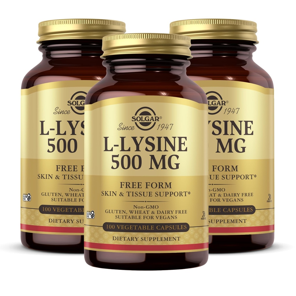 Solgar L-Lysine 500 mg - 100 Capsule vegetale, Pachet de 3 - Suport pentru piele și țesuturi - Non-GMO, Vegan, Kosher, Gluten gratuit - 300 Serviri totale