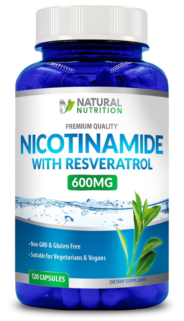 Vitamină naturală generică Nicotinamidă cu Resveratrol 600 mg (Vitamina B-3) 120 Capsule vegetale Gluten gratuit & non-GMO