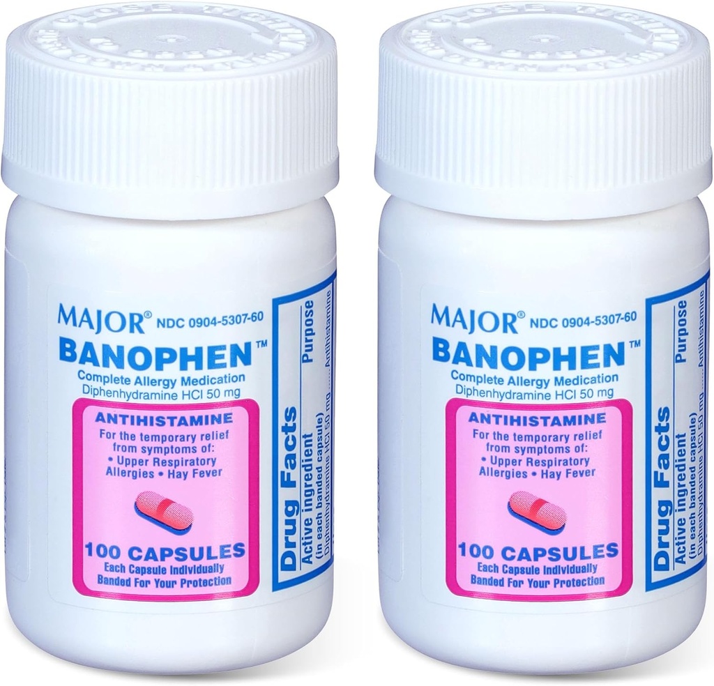 Banohpen - Medicamente pentru alergii complete - Difenhidramină HCI 50 mg - Antihistamin - 100 capsule (2 ambalaje)