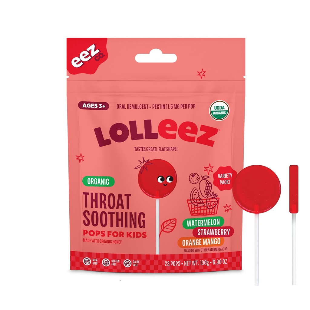 Lolleez Organic Lollipops pentru copii Sore gât relief, Variety Pack Perfect pentru soothing un gât de durere în timp ce Tasting mare, Strawberry, Pepene verde & Orange Mango, 28 Conte