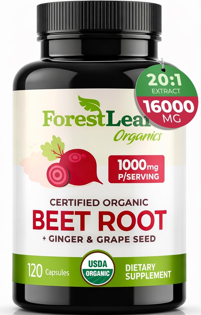 ForestLeaf Organic Beet Root Capsules - Beetroot Supliment 16000mg Putere 20:1 Pastile de extract w/Ginger Seacă de struguri 