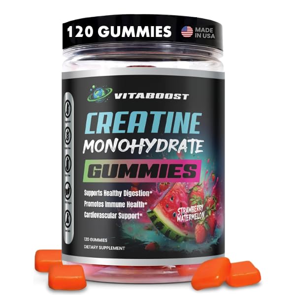 Creatine Gummies 5g- Creatina naturala Monohidrat pentru barbati si femei- delicioasa aroma pepene verde de capsuni- Boost Putere, energie si crestere musculara- Vegan Pre Workout Gummies- Made in USA
