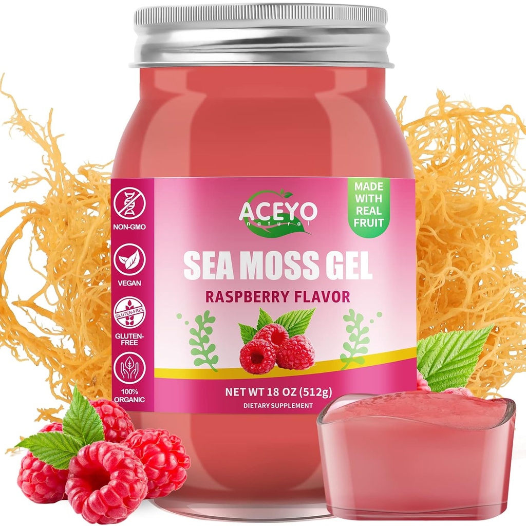 ACEYO (18 OZ) Irish Sea Moss Gel Organic Raw Vegan Aroma de zmeură 102 Vitamine și minerale Wild recoltat non-GMO Immune Defense Booster tiroida suport digestiv