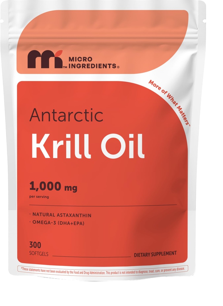 Micro Ingrediente Antarctica Krill Suplimentul de ulei, 1000mg Per Serving, 300 Soft-Gels, bogat în Omega-3s EPA, DHA & Natural Astaxantină, Sprijină Sistemul imunitar și sănătatea creierului, Ușor de înghiţit