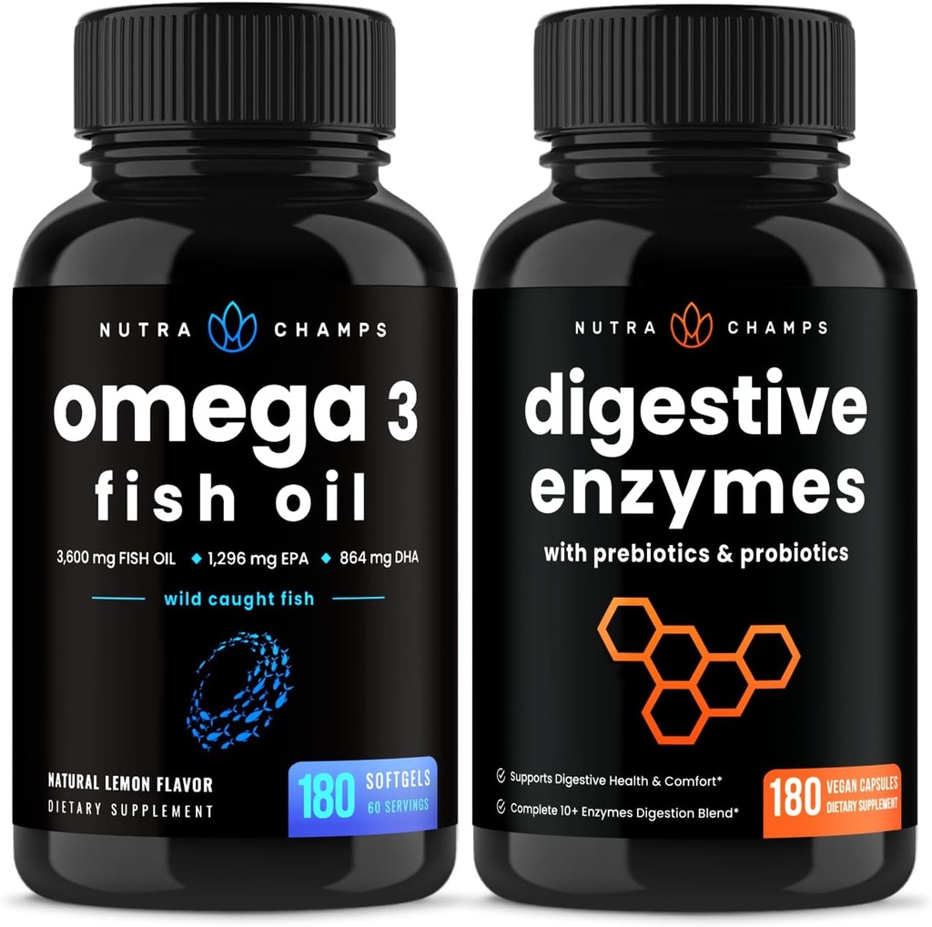 NutraChamps Omega 3 Ulei de pește și enzime digestive 2 ambalaj Bundle