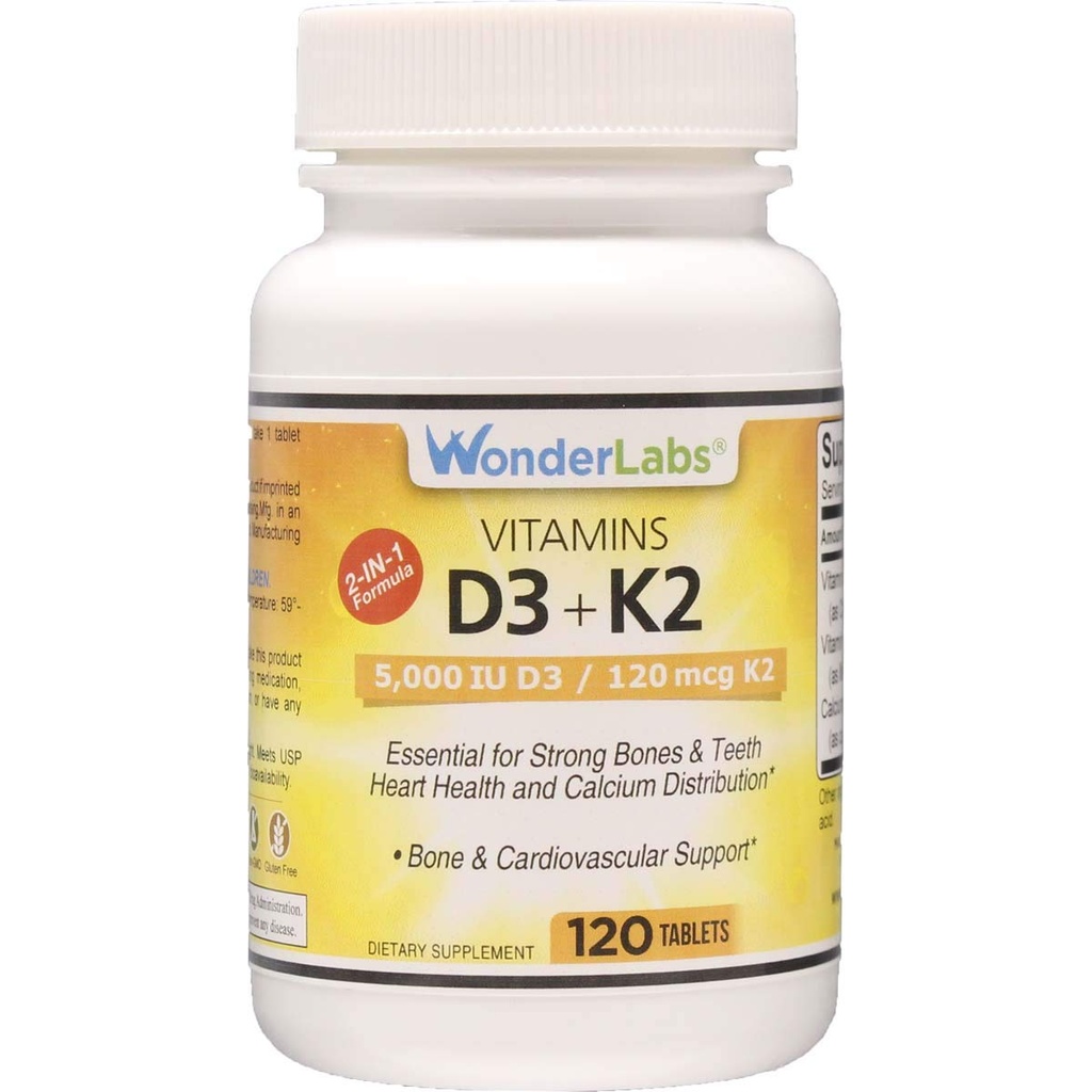 Laboratoare minune Vitamina D 5000 UI, Vitamina D3 + K2 Suport un sistem imunitar sănătos, esenţial pentru oase puternice, Heart Health, şi de distribuţie de calciu, 120 comprimate