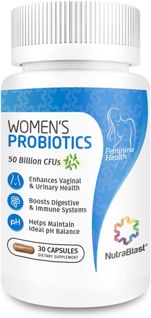 NutraBlast Probiotice vaginale pentru femei Digestive, Echilibru intim, UT & Sanatate vaginala - 50 Miliarde CFU - 6 Strine, Prebiotice, Extract de afine & D Mannose - Femei Probiotice (30 Conte)