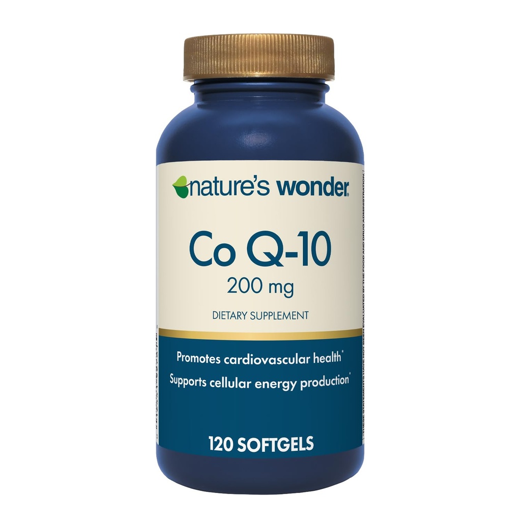 Natura Wonder CoQ10 Supliment - CoQ10 200mg Softgels pentru a sprijini sănătatea inimii, funcția cardiovasculară și producția de energie celulară, 120 Softgels, 120 zile de aprovizionare