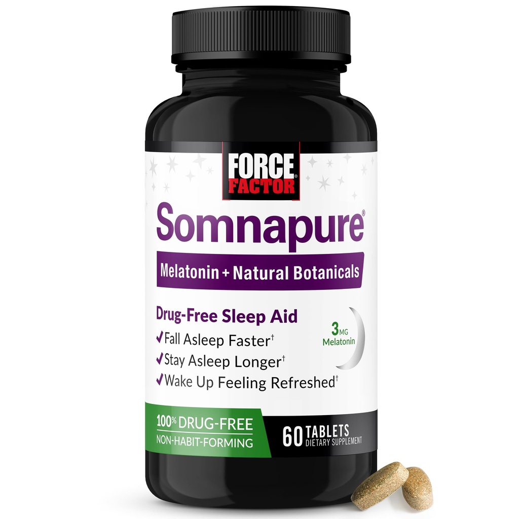 Factor de forță somn somn somn fără somn Ajutor pentru adulți pentru insomnie ocazională cu melatonină & Valerian, pastile non-habit-Forming somn, Fall Asomn mai repede, trezire Reîmprospătat, 60 comprimate