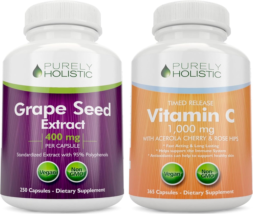 Extract pur Holistic de semințe de struguri 400mg + vitamina C 1000mg timp de eliberare Bundle - 615 capsule Vegan - Made in USA