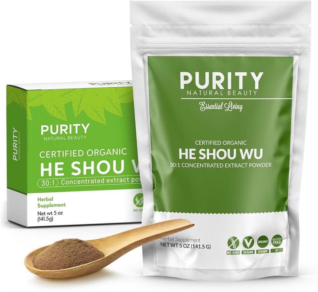 Certified Organic He Shou Wu - Sac mare de 5oz de 30:1 concentrat-Fo-ti - Extract de FOTI organic-Fo ti He Shou organic-Plus gratuit Bambus Spoon