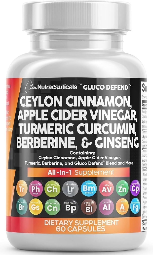 Curat Nutraceuticals Ceylon Scorțișoară capsule + Berberine Turmeric Apple Cidru Vinegar Ginseng Bitter Melon Gymnema Lapte Thistle Schinduf Supliment Pastile Pulbere pentru bărbați și femei