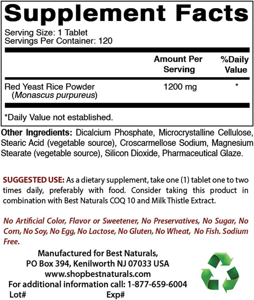 Cele mai bune naturale Red Yeast Rice Cholesterol Suport 1200 mg & Vitamina B12 6000 mcg