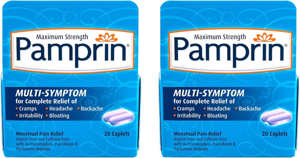 Pamprin Multi-Symptom Formula, cu Acetaminofen, Menstrual period Simptome Relief inclusiv cramps, durere, iritabilitate și balonare, 20 Caplete (Pachet de 2)