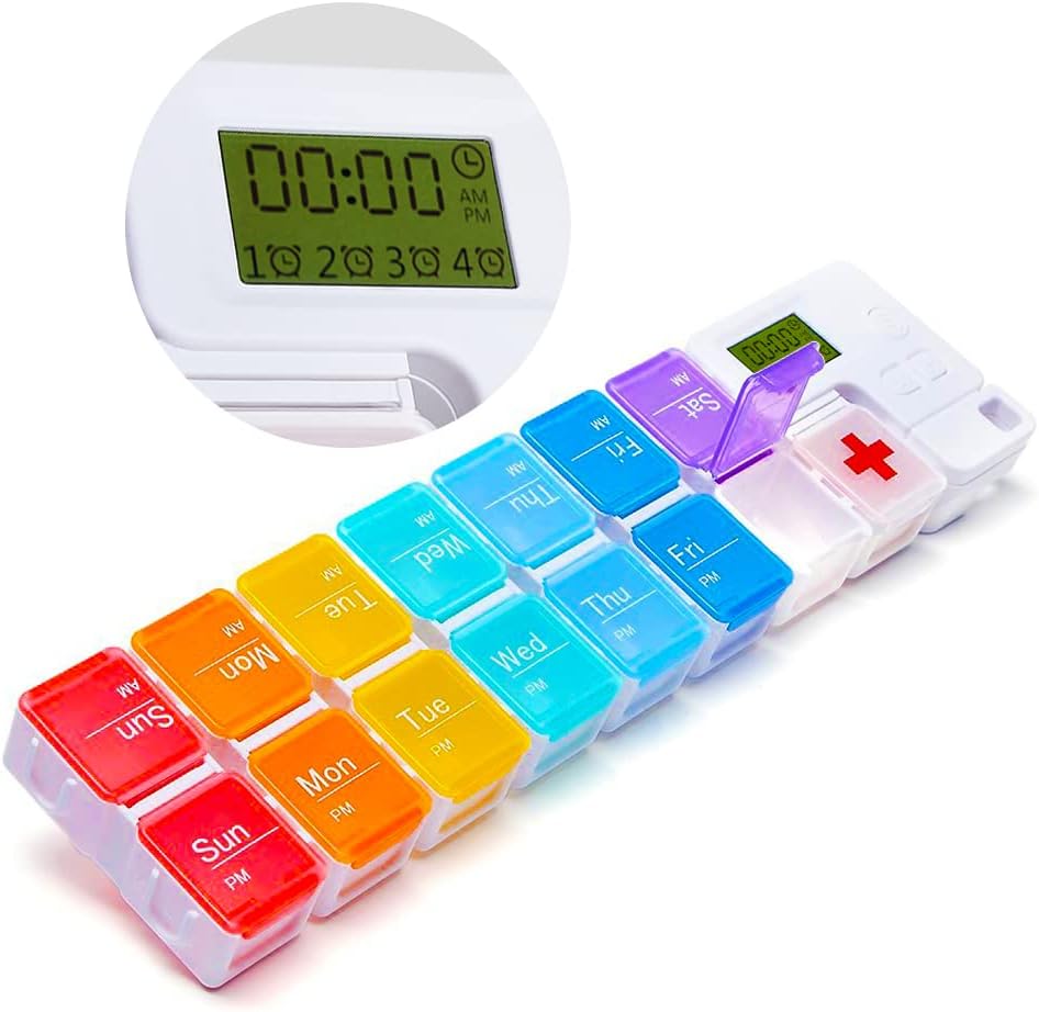 7 Ziua Medicina Organizator Pilula, 4 Amintire alarme, Loud Sound, 14 Compartimente mari, Ecran mare, Umiditate-Proof, Travel Weekly / Daily Pill Box/Organizer/Case/ Container/Dispenser, AM/PM 2 ori pe zi