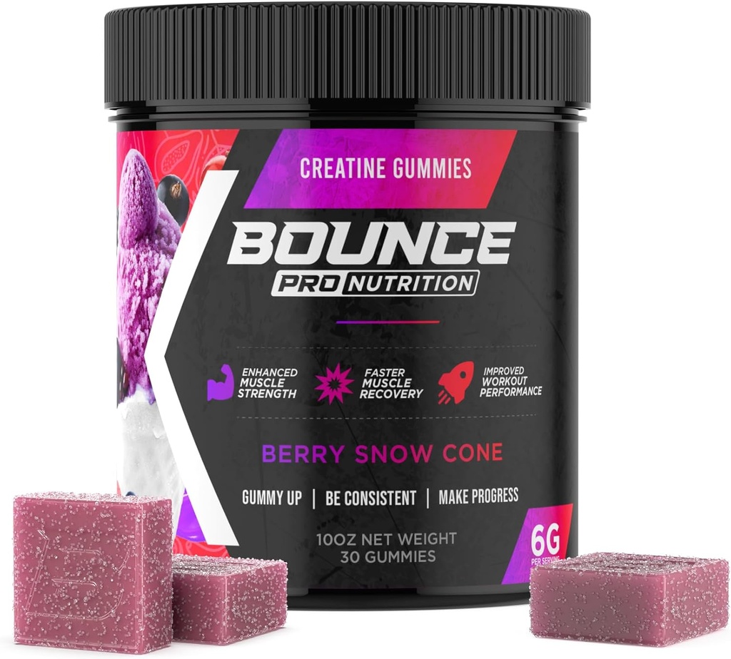 Bounce Pro Creatin Monohidrat Gummies for Men & Women, Low Calorie, 6G of Creatine per Serving, Vegan, Anti-Melting, Gluten-Free, Non-GMO, 2g of Creatine per Gummy (30ct, Berry Snow Cone)