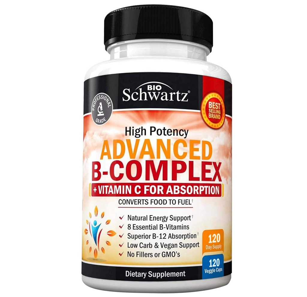 Complex de vitamina B cu vitamina C pentru absorbţie maximă - Metilcobalamină b12 & Folate Acid folic - B1 B2 B3 B5 B6 B7 B9 pentru susţinerea sistemului imunitar şi nervos - non-GMO, 120 număr