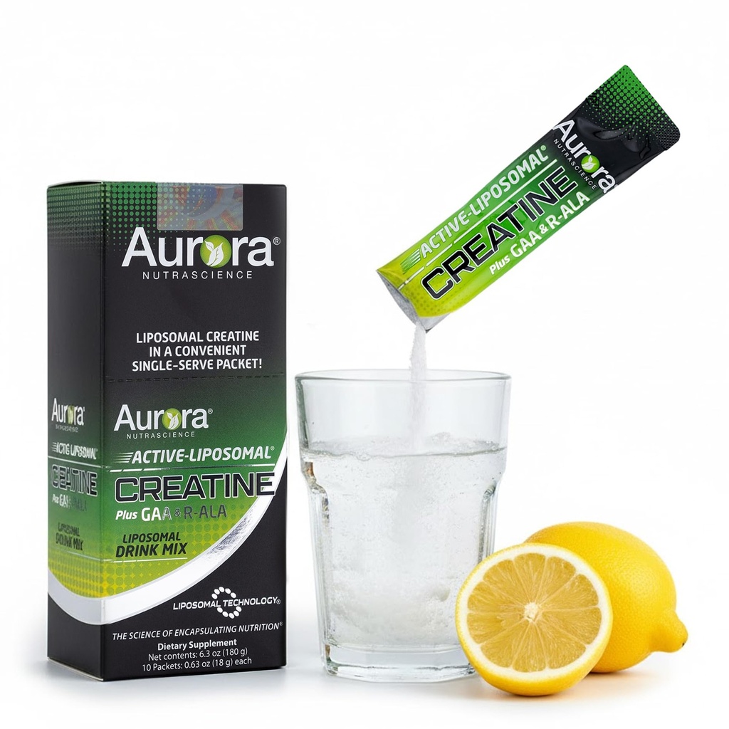 Aurora Nutrascience Creatina lipozomal + GAA & R-ALA Lămâie Lămâie pulbere băutură Mix, energie crescută, Suporturi Exercitii de performanta si crestere musculara pentru Wowen si Men, 10 Pachete