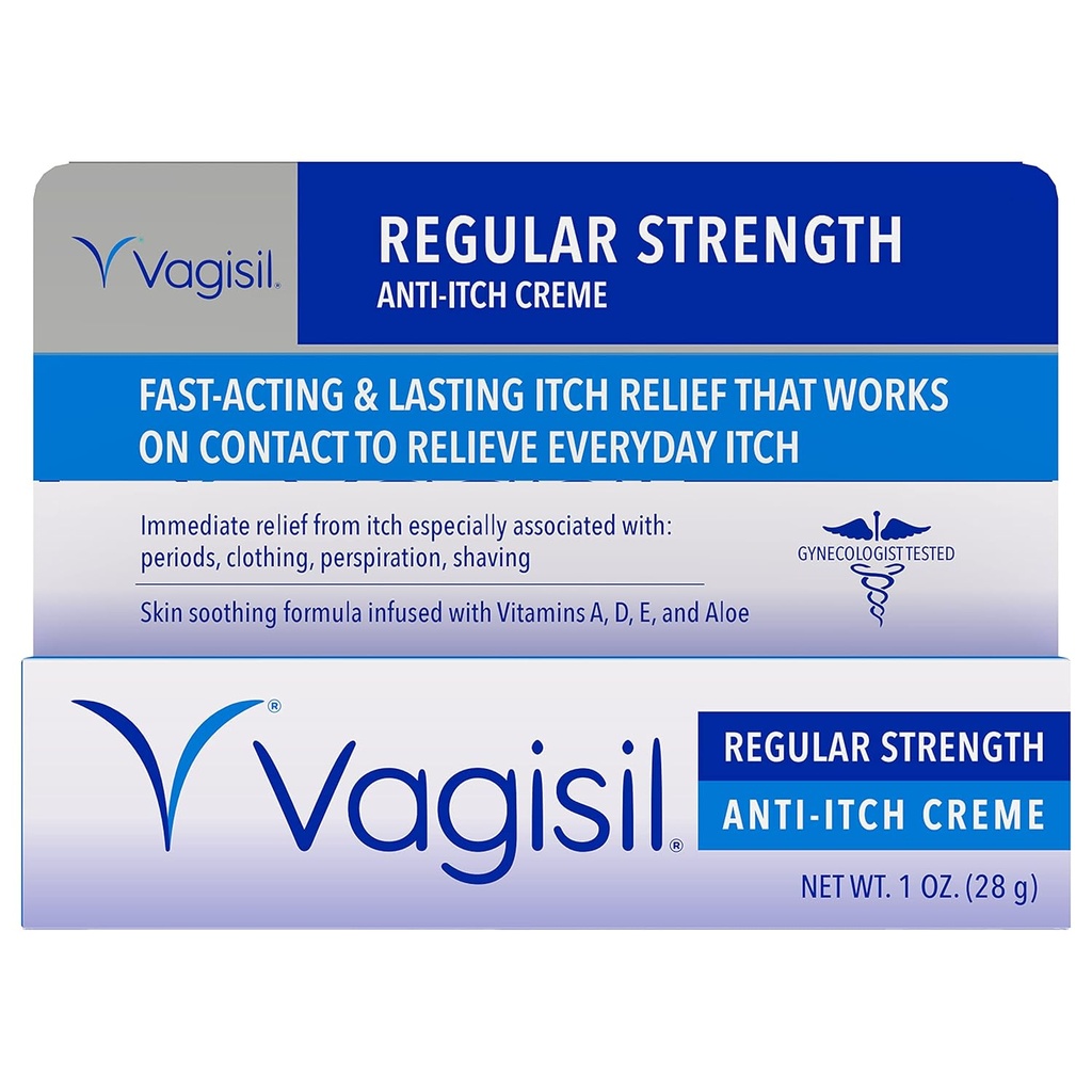 Vagisil Regular Putere Anti-Itch Feminine Cream pentru femei, Ginecolog testat, hipoalergic, cu acțiune rapidă și de lungă durată Mâncărime Ajutor, Moisturizer Vaginal Soothes și Cools, 1 oz (Pachet de 1)