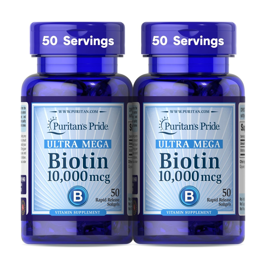 Puritan's Pride Premium Ultra Mega Biotin 10.000mcg, Dietary Supplement for Healthy Hair, Skin, Nails, and Energy Metabolism Support, 100 Day Supply, 50 Rapid Release Softgels, 2 Pack