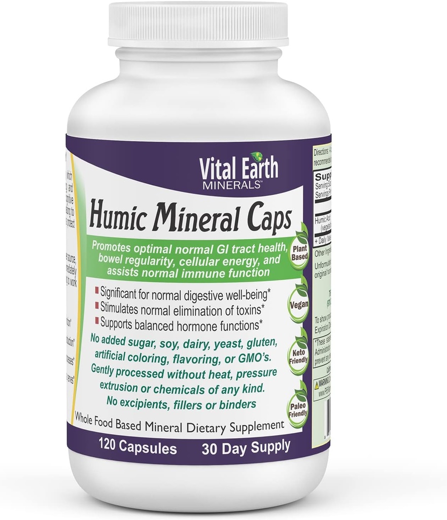 Minerale Vital Earth Capsulele de minerale Humic - 70+ Urme Minerale cu acid fuzelian natural occurent, Supliment mineral de alcalizare pentru detoxifiere, Sanatate guta, Wellness, 120 Conte