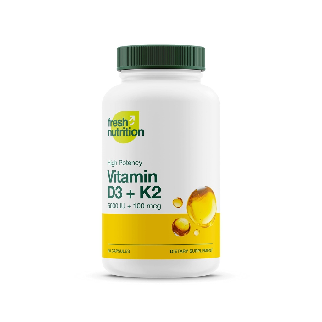 Nutritie proaspata Vitamina Vegana D3 + Capsule K2 - 5000 UI D3 + 100mcg K2 ca MK-7 pentru absorbtie optima - Immune Health, Bone Health, Mood - Non OMG - 90 capsule, 3 luni de aprovizionare