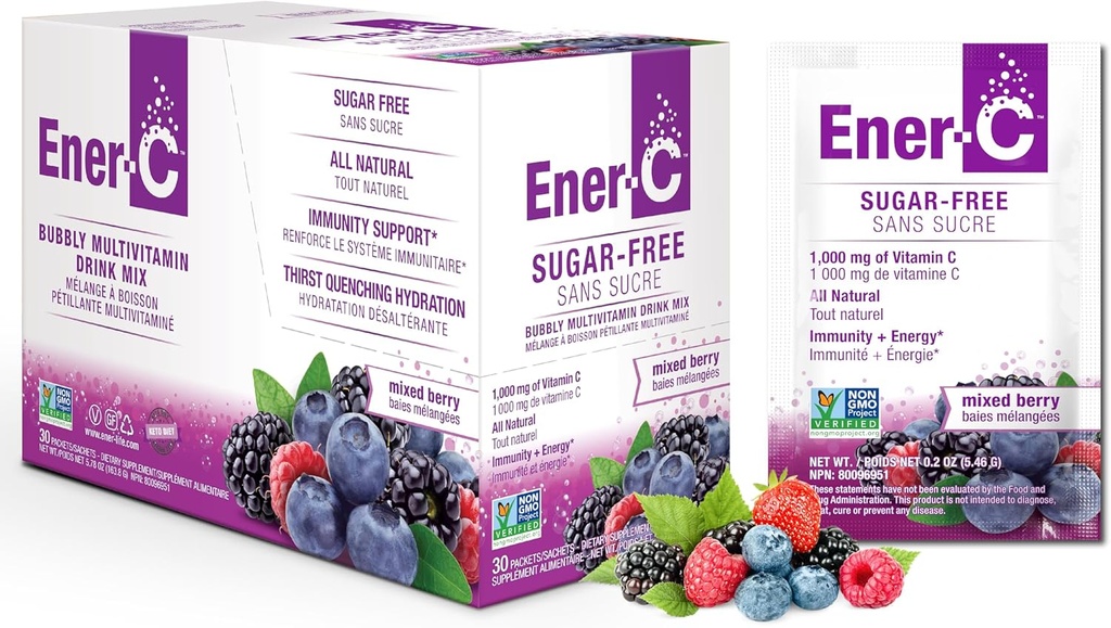 Ener-C Sugar Free Energy Mixed Berry Multivitamine Drink Vitamina C 1000mg & Electroliti - Suport Imunitate Naturala cu pudra de suc de fructe reale Non-GMO Vegan & Gluten Free - 30 Conte